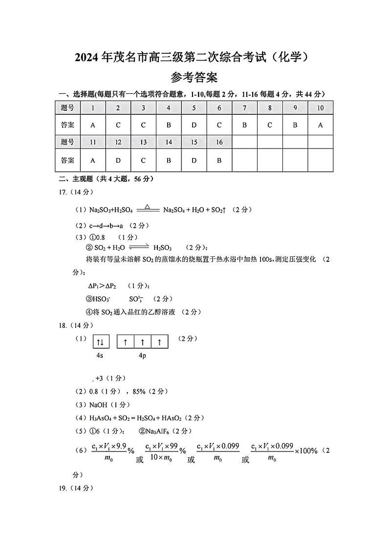 2024年茂名市高三年级第二次综合测试 化学答案第1页