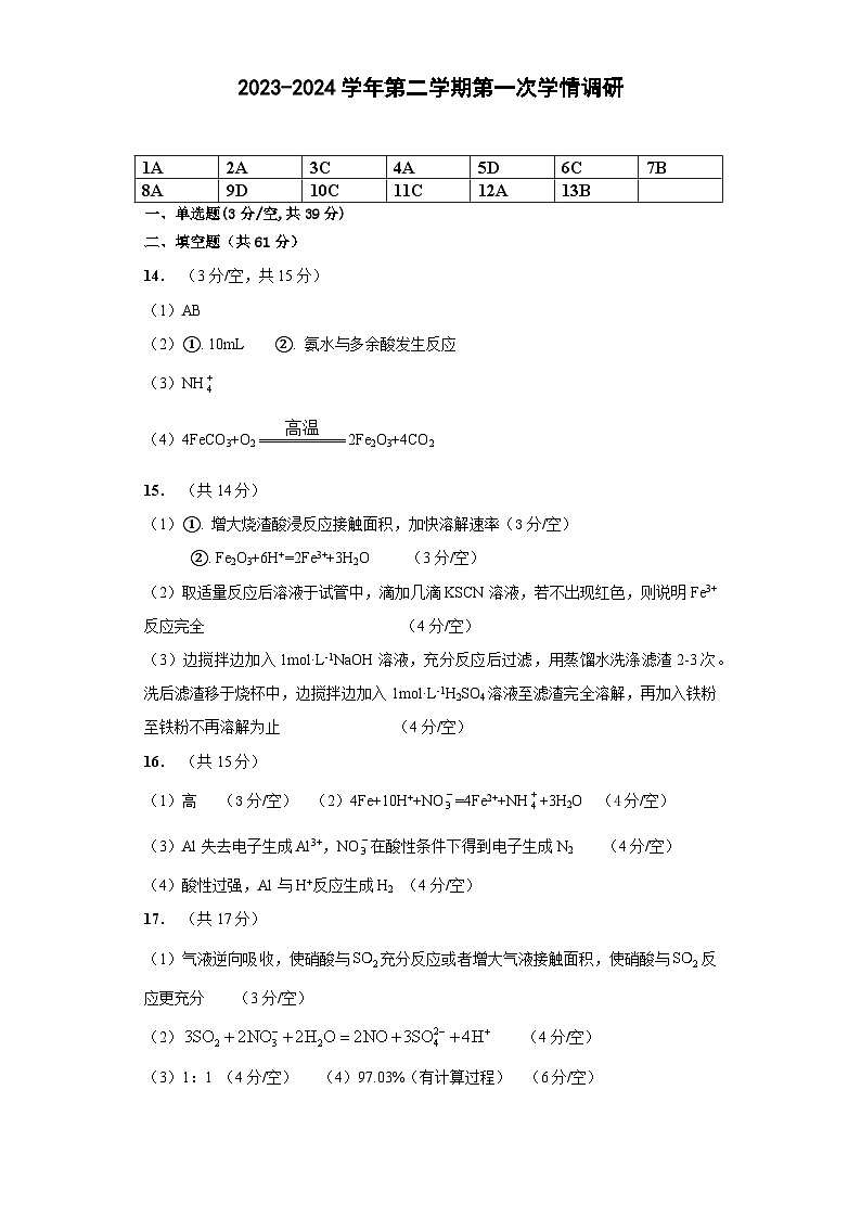 答案-2023-2024 学年第二学期第一次学情调研-化学第1页