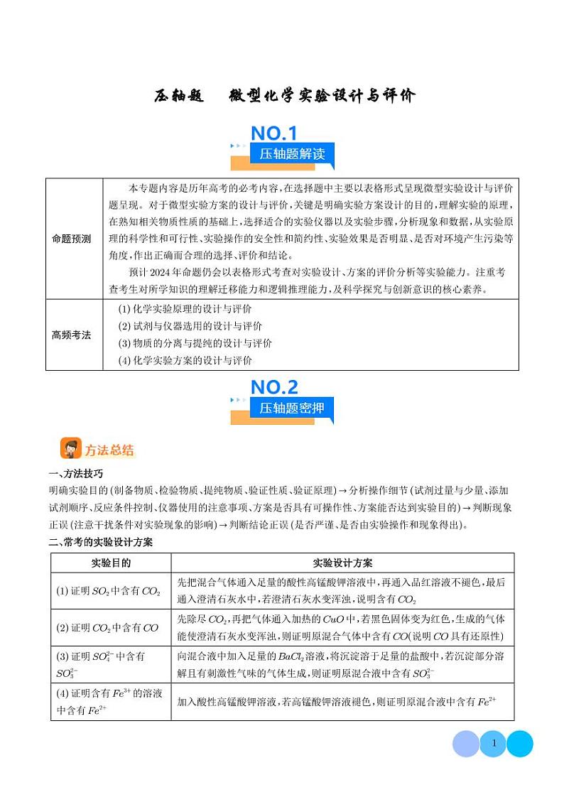 微型化学实验设计与评价--2024年高考化学压轴题专项训练01