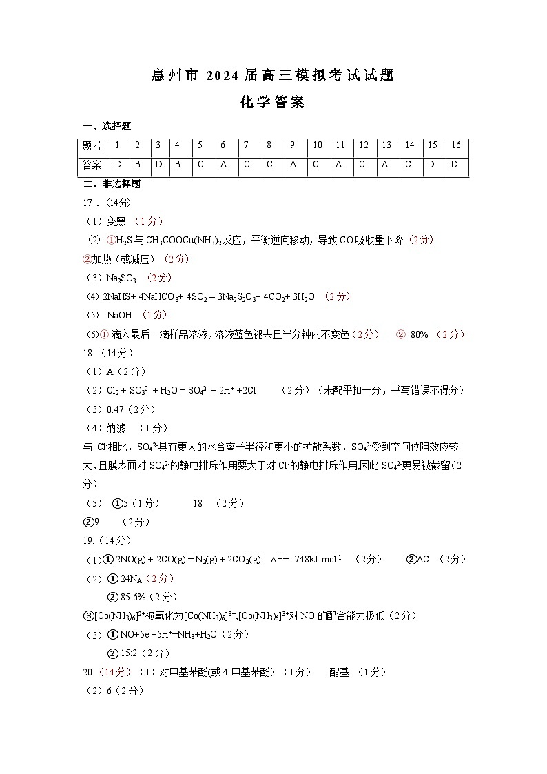2024年惠州一模 化学（试卷+答案+答题卡）01