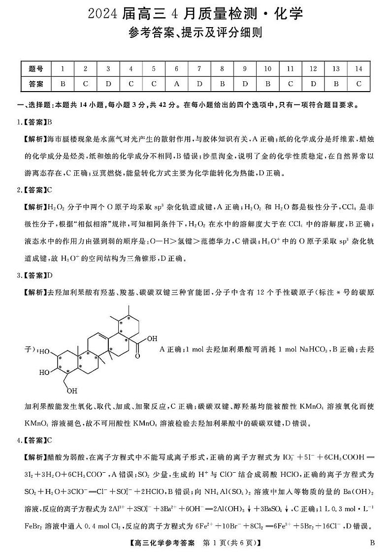 2024届高三下学期4月质量检测金科大联考化学试题及答案01