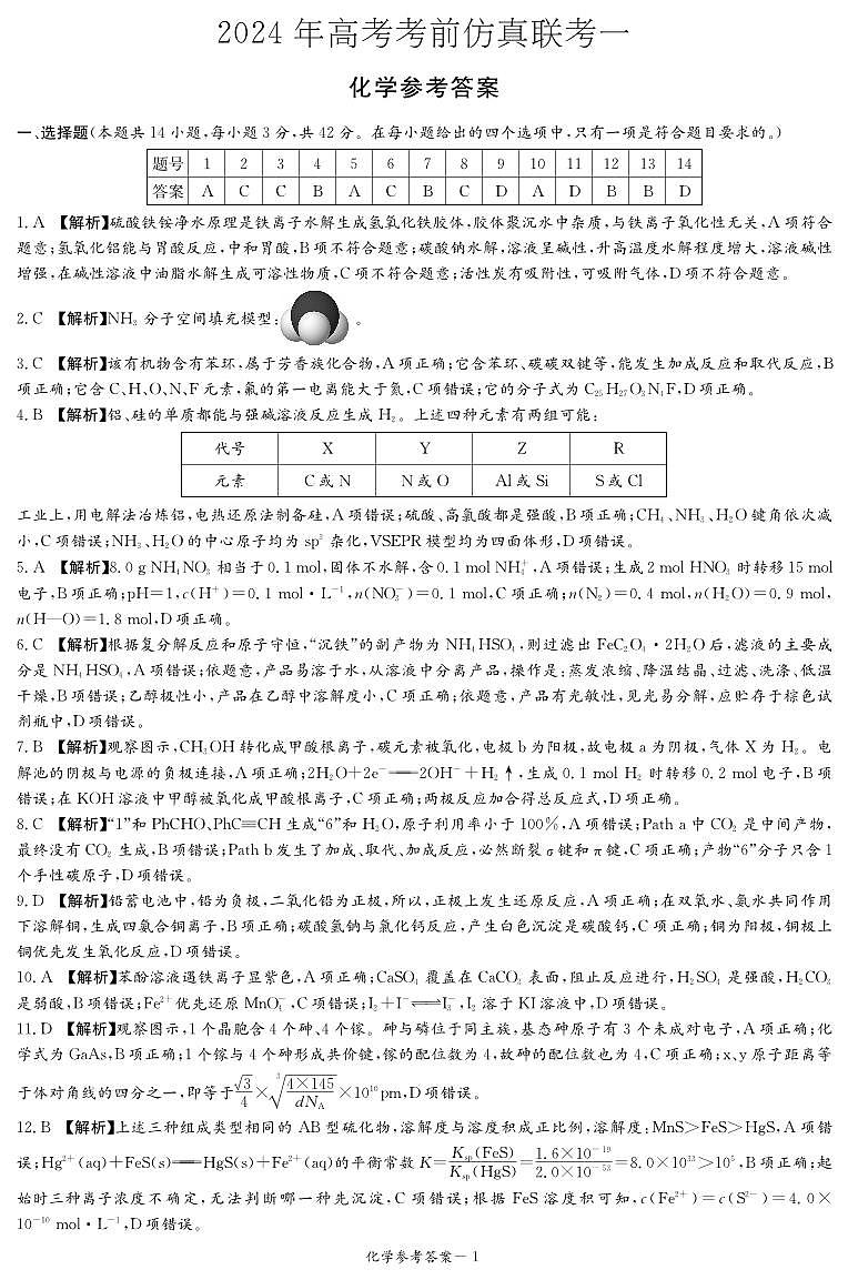 湖南省重点高中2024届高三下学期4月高考考前仿真联考（一）化学试题01