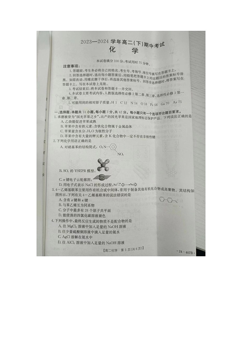+河北省邢台市2023-2024学年高二下学期期中考试化学试卷01