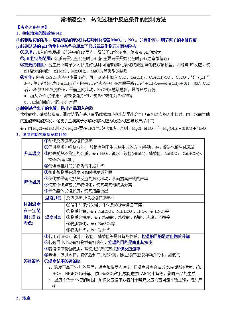 新高考化学一轮复习逐空突破练习02 常考题空2 转化过程中反应条件的控制方法 （含解析）第1页