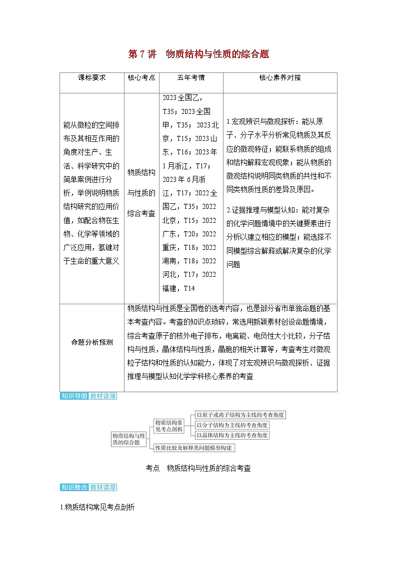 2024届高考化学复习讲义第五章物质结构与性质元素周期律第七讲物质结构与性质的综合题含答案第1页