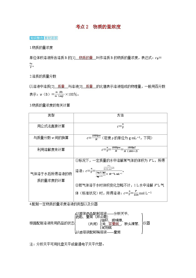 2024届高考化学复习讲义第二章物质的量及计算第一讲物质的量考点二物质的量浓度含答案第1页
