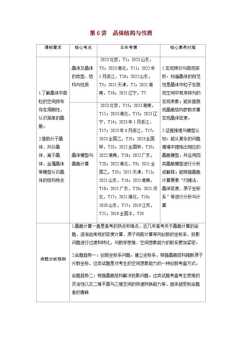 2024届高考化学复习讲义第五章物质结构与性质元素周期律第六讲晶体结构与性质考点一晶体及晶体的类型结构与性质含答案第1页