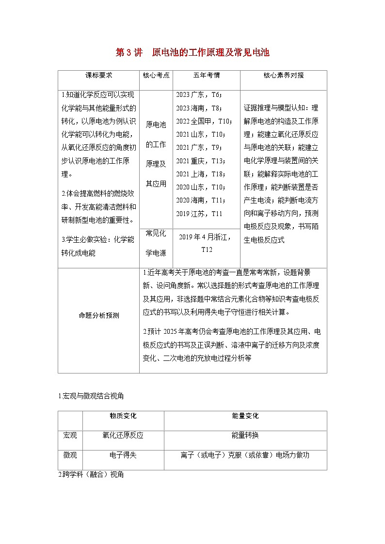 2024届高考化学复习讲义第六章化学反应与能量变化第三讲原电池的工作原理及常见电池考点一原电池的工作原理及其应用含答案第1页