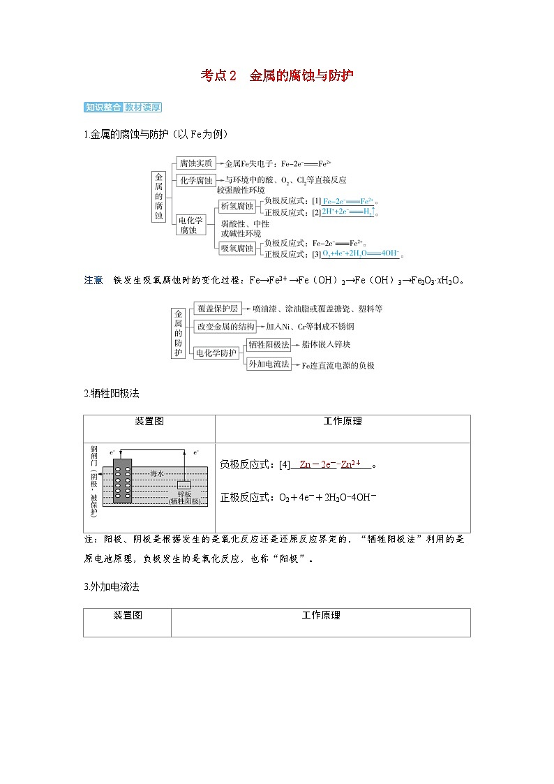 2024届高考化学复习讲义第六章化学反应与能量变化第六讲电解池工作原理的常规应用及金属的腐蚀与防护考点二金属的腐蚀与防护含答案01