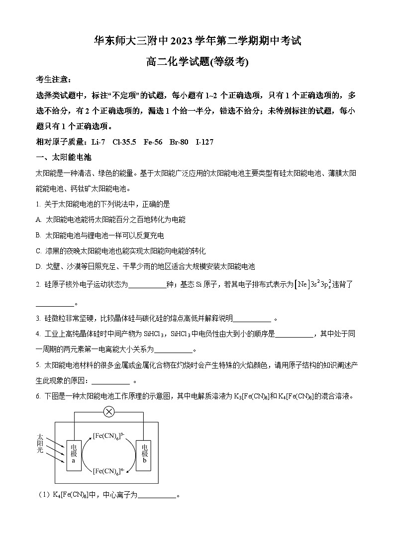 上海市华东师范大学第三附属中学2023-2024学年高二下学期期中考试 化学试题（等级考） （原卷版）第1页
