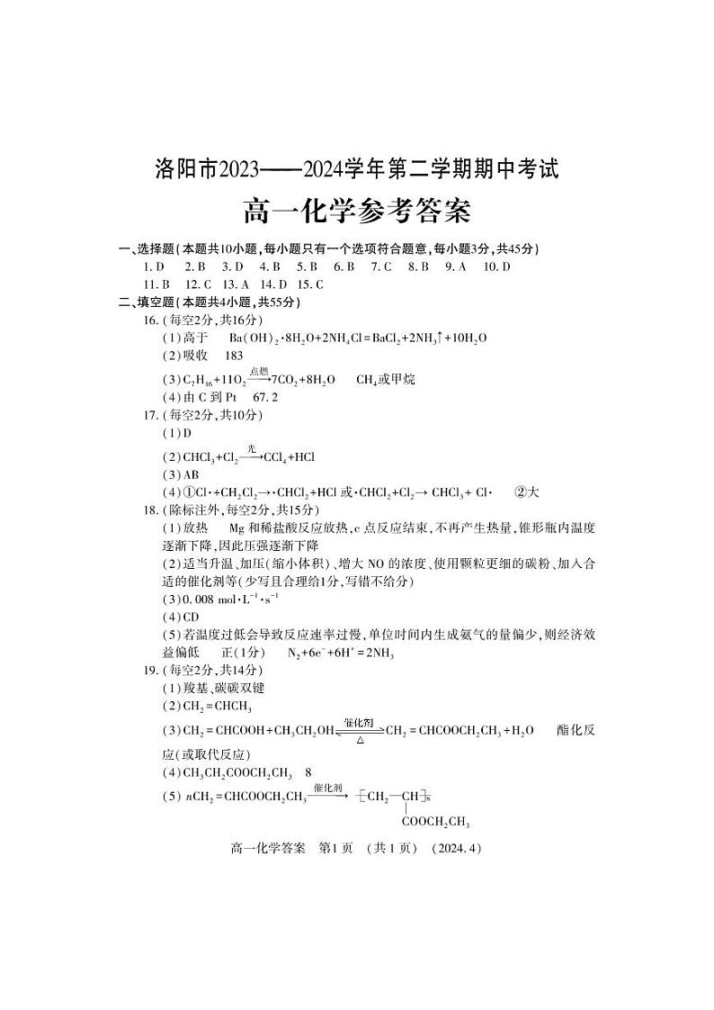 河南省洛阳市2023-2024学年高一下学期4月期中考试化学试题（含答案）01