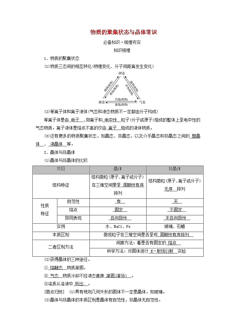 2025版高考化学一轮总复习教案第五章物质结构与性质元素周期律第十九讲晶体结构与性质考点一物质的聚集状态与晶体常识第1页