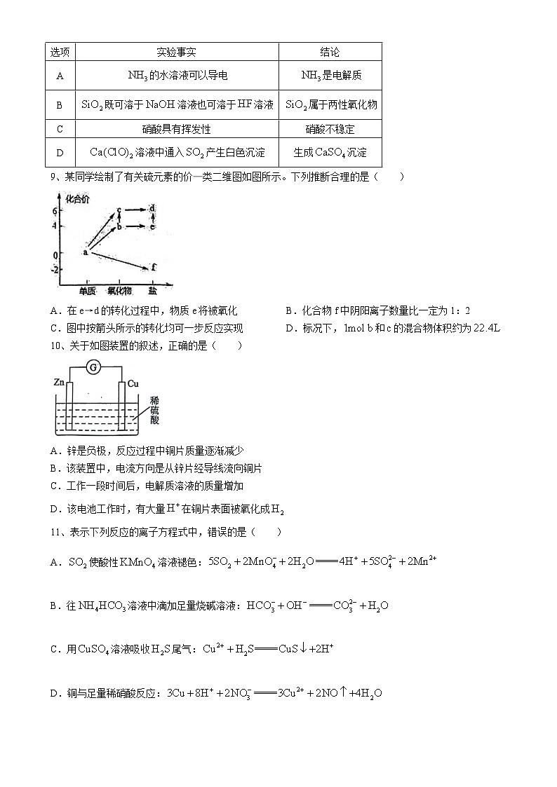 广西壮族自治区南宁市第二中学2023-2024学年高一下学期4月期中考试化学试题（含答案）03