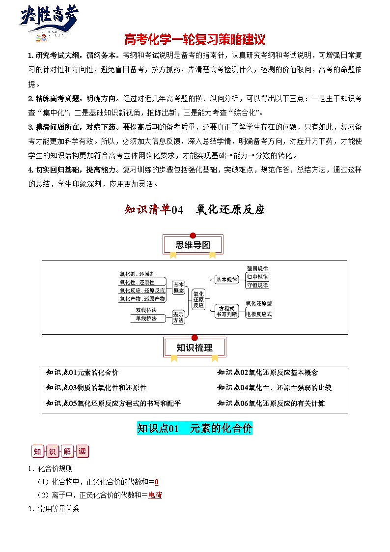 【讲通练透】高考化学知识清单04  氧化还原反应（思维导图+知识解读+易混易错+典例分析）第1页