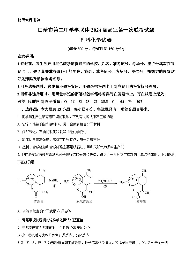 云南省曲靖市第二中学学联体2024届高三第一次联考理综-化学试卷 Word版无答案第1页