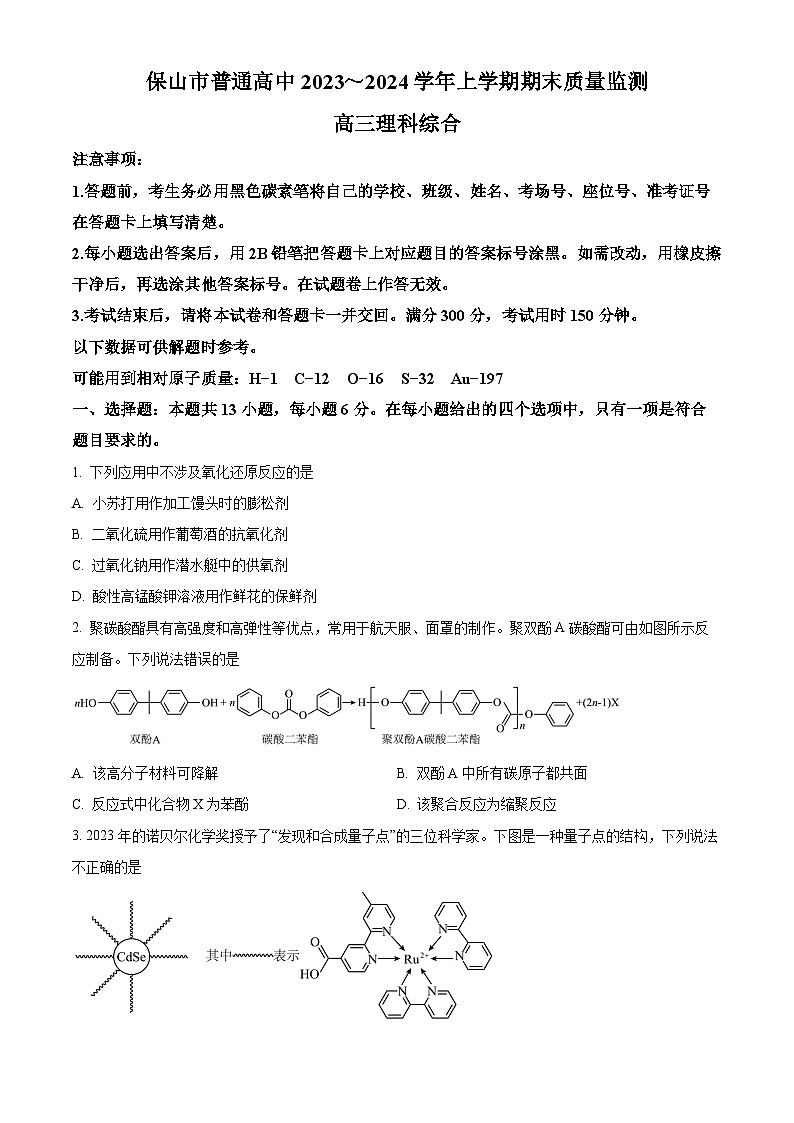 云南省保山市2023-2024学年高三上学期1月期末化学试题（Word版附解析）01