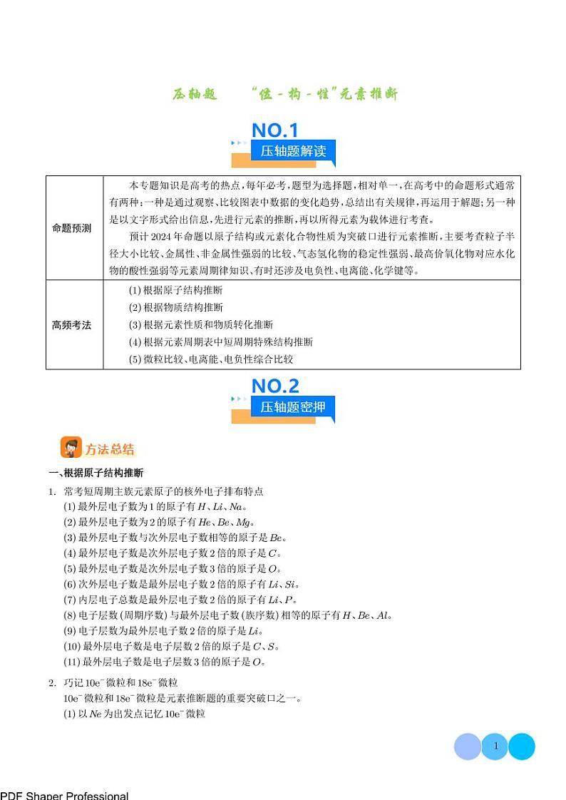 “位-构-性”元素推断--2024年高考化学压轴题专项训练01