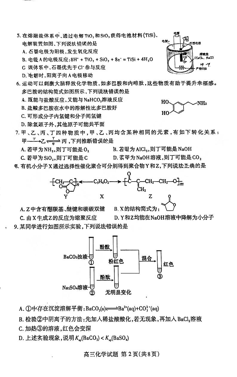2024届山东省泰安市高三二轮检测化学试题（4.26泰安二模）第2页