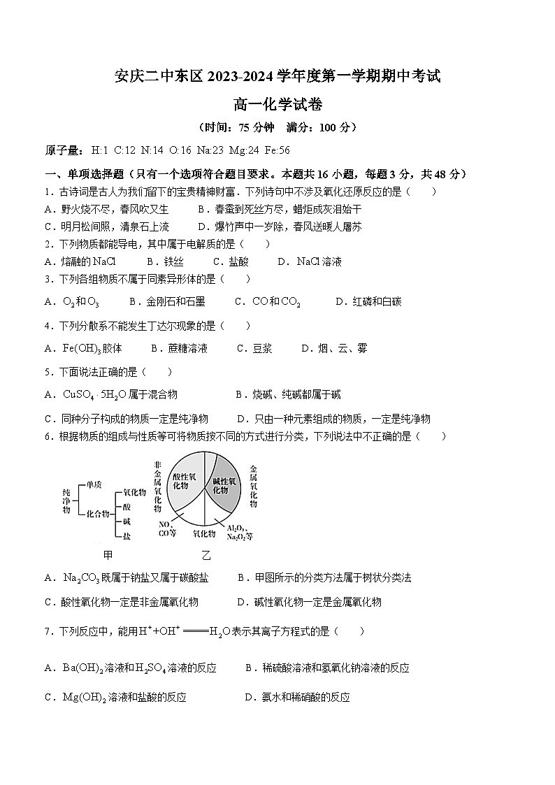 安徽省安庆市第二中学东区2023-2024学年高一上学期期中考试化学试卷01