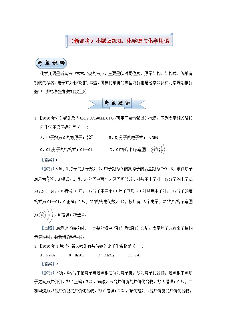 新高考化学小题必练8化学键与化学用语01