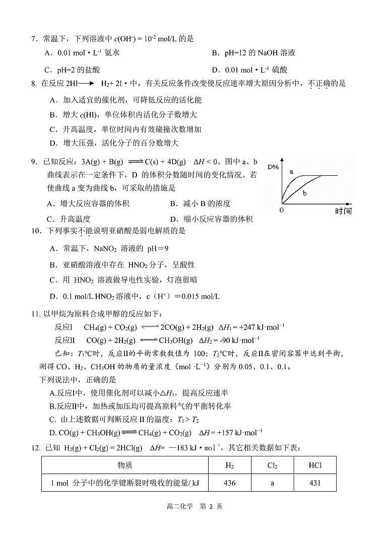 北京市铁路第二中学 2023—2024 学年度上学期期中高二化学选修一试卷02