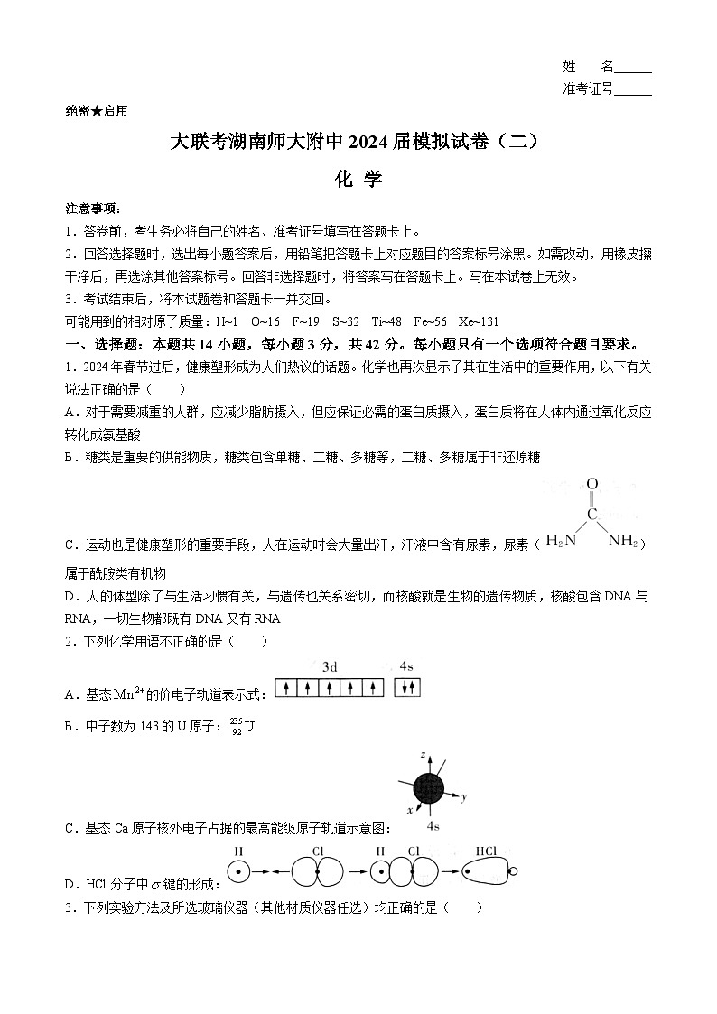 湖南师范大学附属中学2024届高三下学期二模化学试卷（Word版附解析）01
