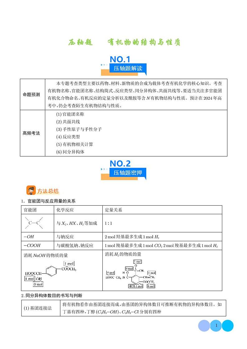 有机物的结构与性质--2024年高考化学压轴题专项训练01