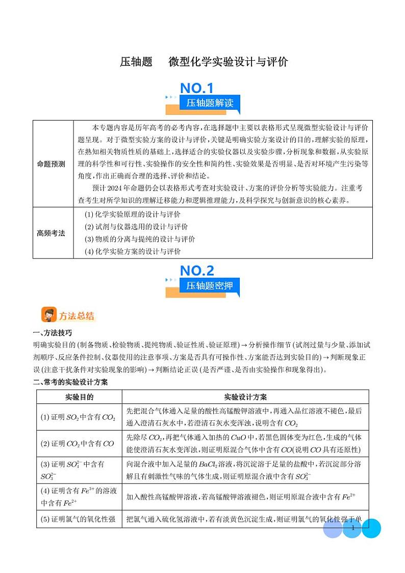 微型化学实验设计与评价--2024年高考化学压轴题专项训练01