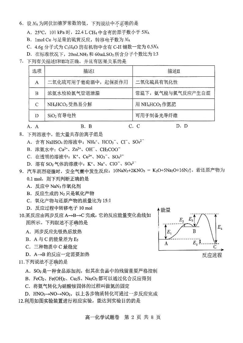 2024杭州地区（含周边）重点高中高一下学期4月期中考试化学PDF版含答案02