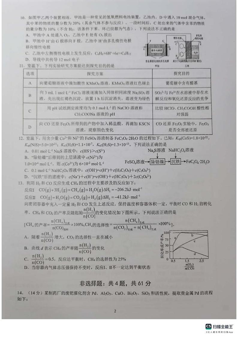 江苏省苏州市南京师范大学苏州实验学校2024届高三下学期二模考试化学（选修）试卷+02