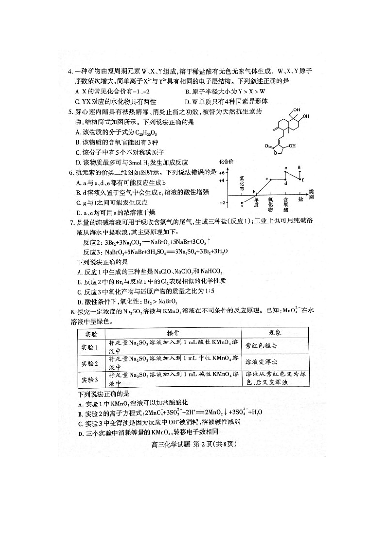 2024届山东泰安高三上学期化学期末考试题02