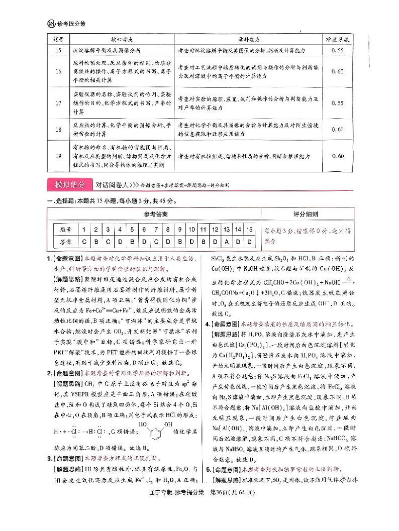2024年辽宁省普通高中学业水平选择性考试预测卷化学试卷答案第2页