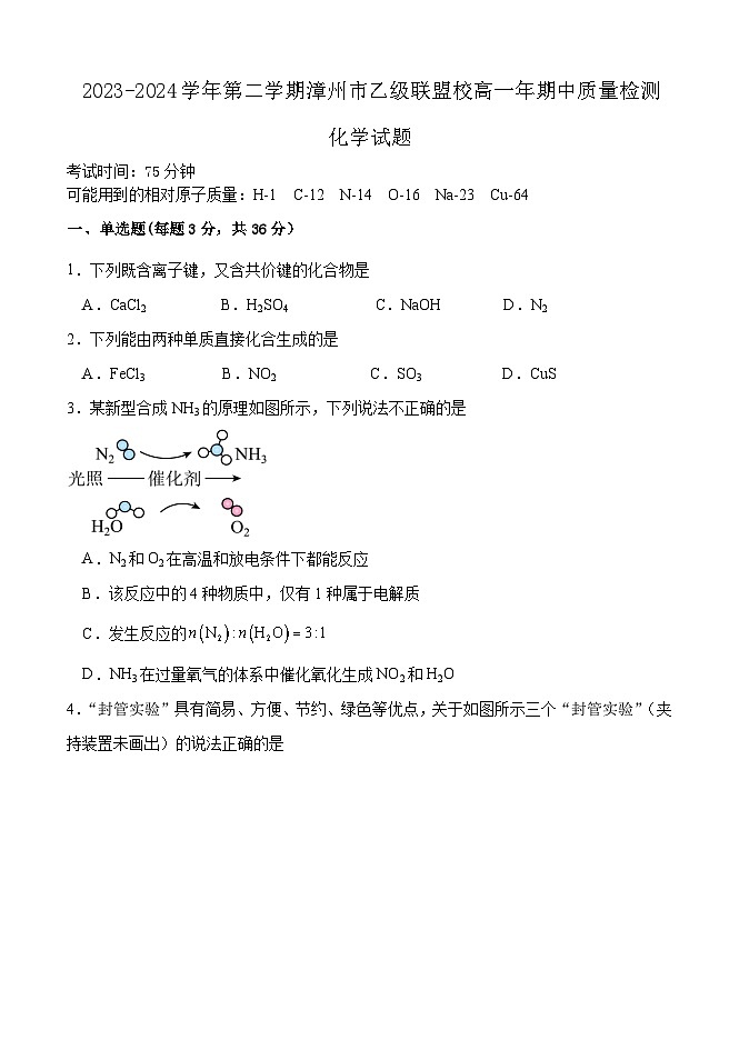福建省漳州市乙级学校联盟2023-2024学年高一下学期期中考试化学试题01