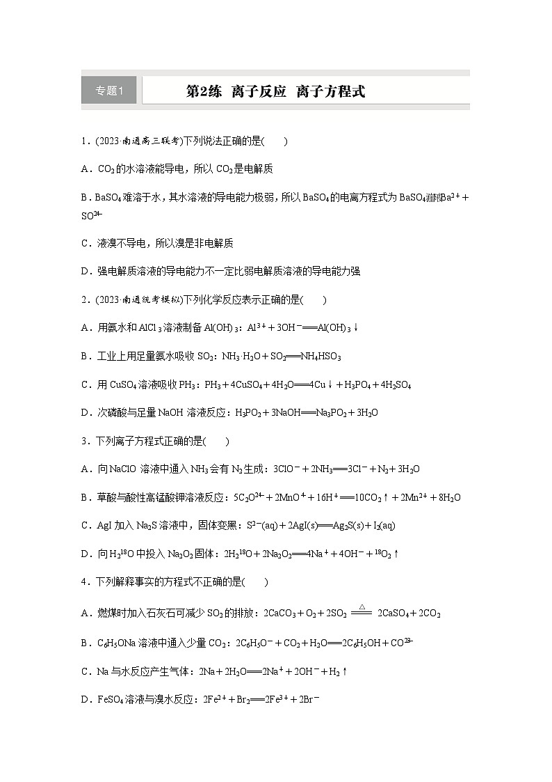 第2练　离子反应　离子方程式  同步练习（含答案）-2025年高考化学一轮复习第1页