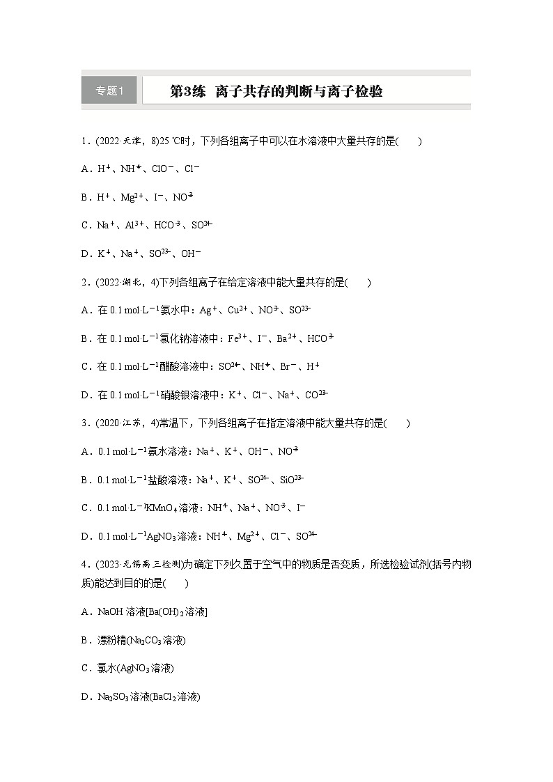 第3练　离子共存的判断与离子检验  同步练习（含答案）-2025年高考化学一轮复习01