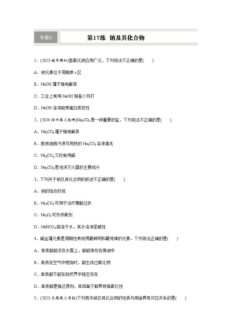 第17练　钠及其化合物  同步练习（含答案）-2025年高考化学一轮复习第1页
