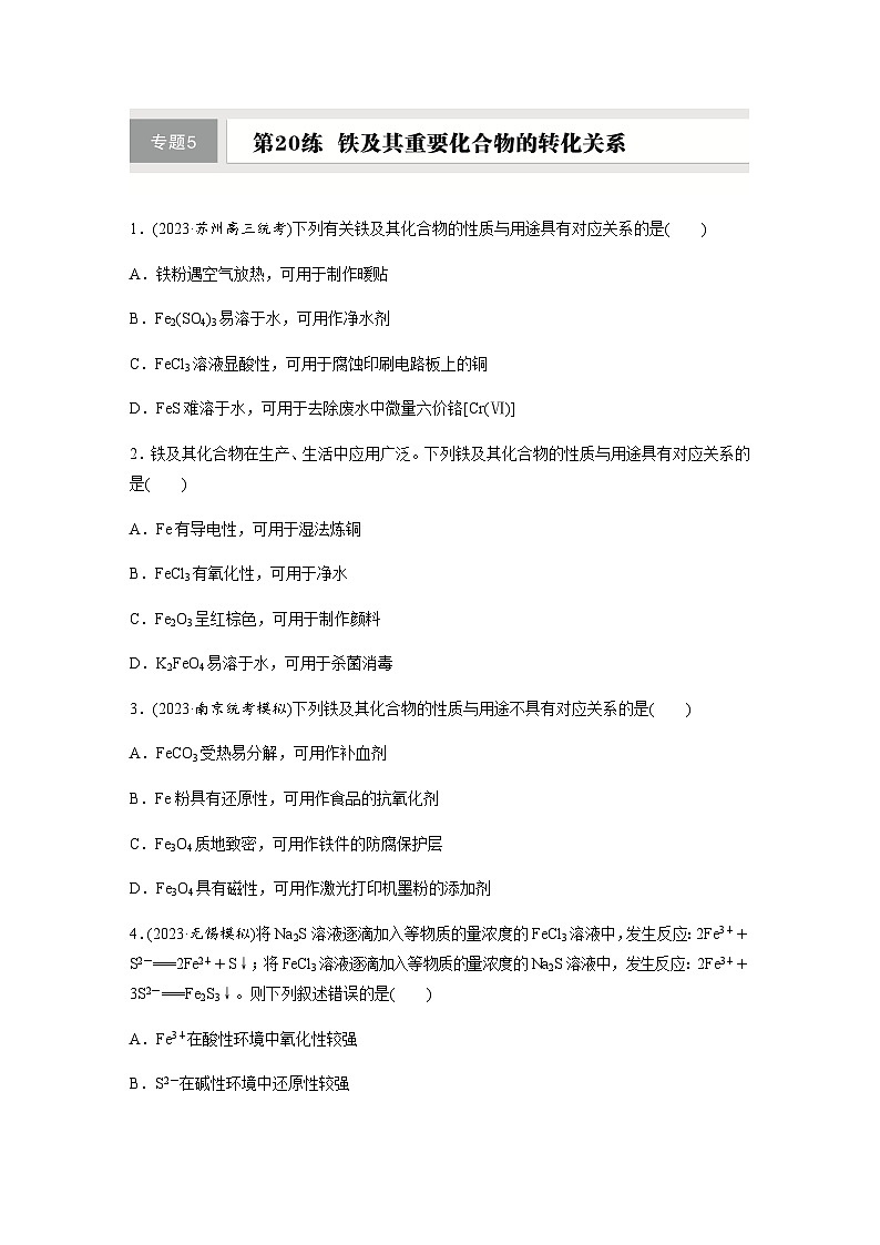 第20练　铁及其重要化合物的转化关系  同步练习（含答案）-2025年高考化学一轮复习第1页