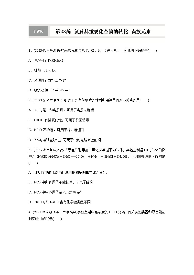 第23练　氯及其重要化合物的转化　卤族元素  同步练习（含答案）-2025年高考化学一轮复习第1页