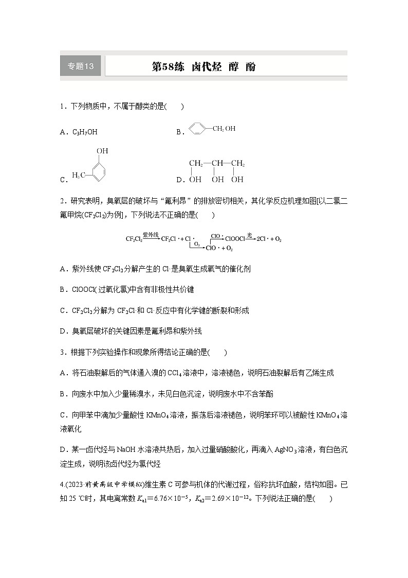 第58练　卤代烃　醇　酚  同步练习（含答案）-2025年高考化学一轮复习第1页