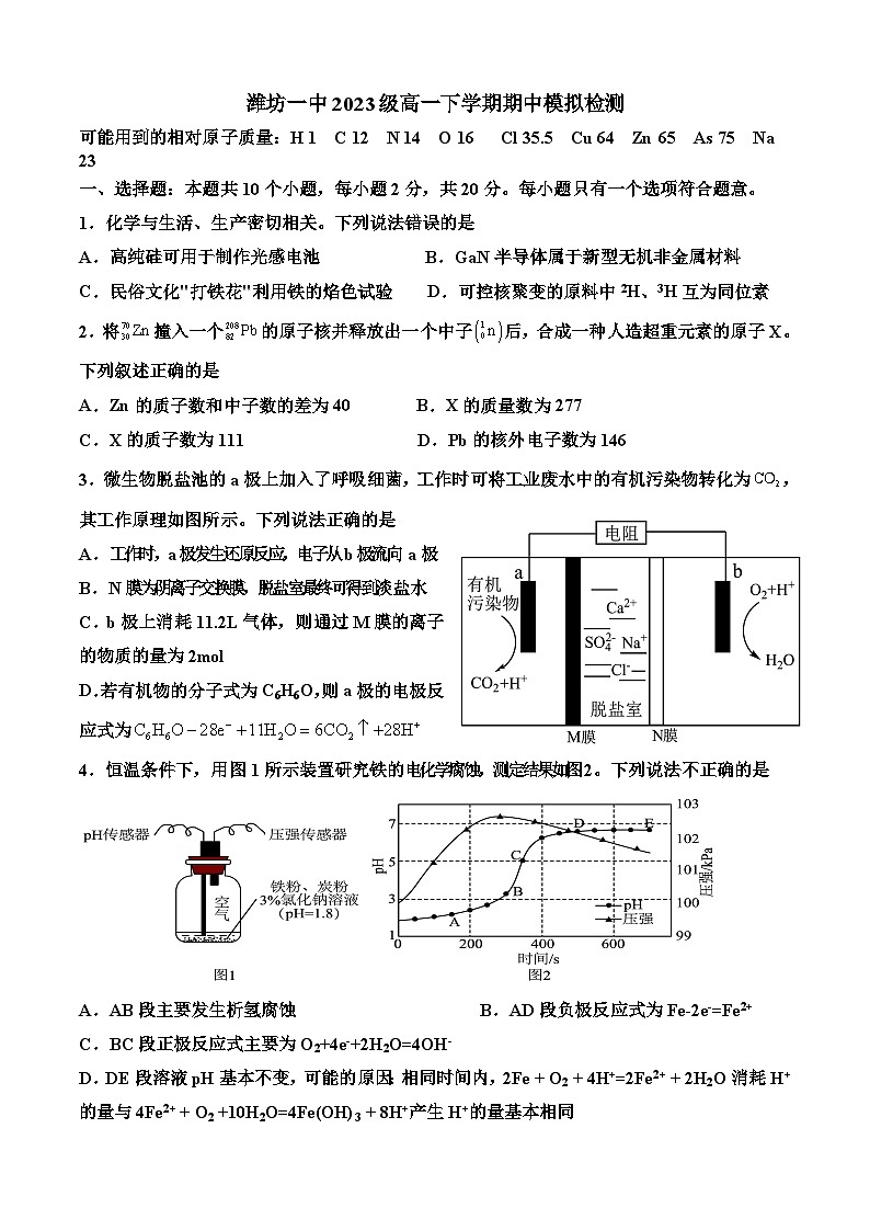 山东省潍坊一中2023-2024学年高一下学期期中模拟检测化学试题01