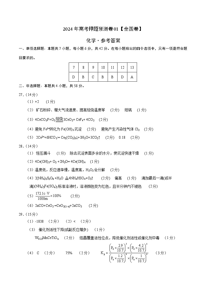 2024年高考押题预测卷—化学（全国卷新教材01）（参考答案）第1页