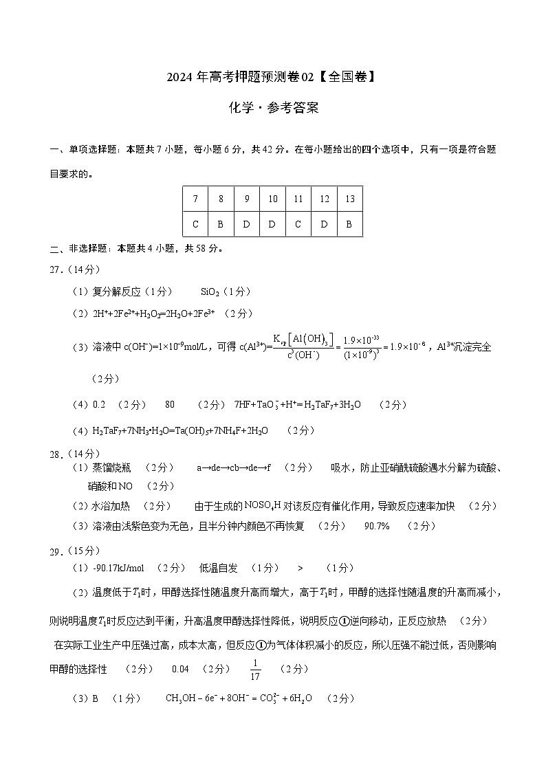 2024年高考押题预测卷—化学（全国卷新教材02）（参考答案）第1页