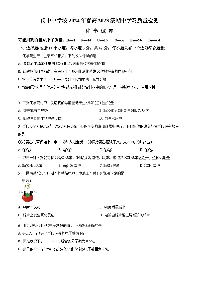 四川省阆中中学校2023-2024学年高一下学期4月期中学习质量检测化学试题（原卷版）第1页