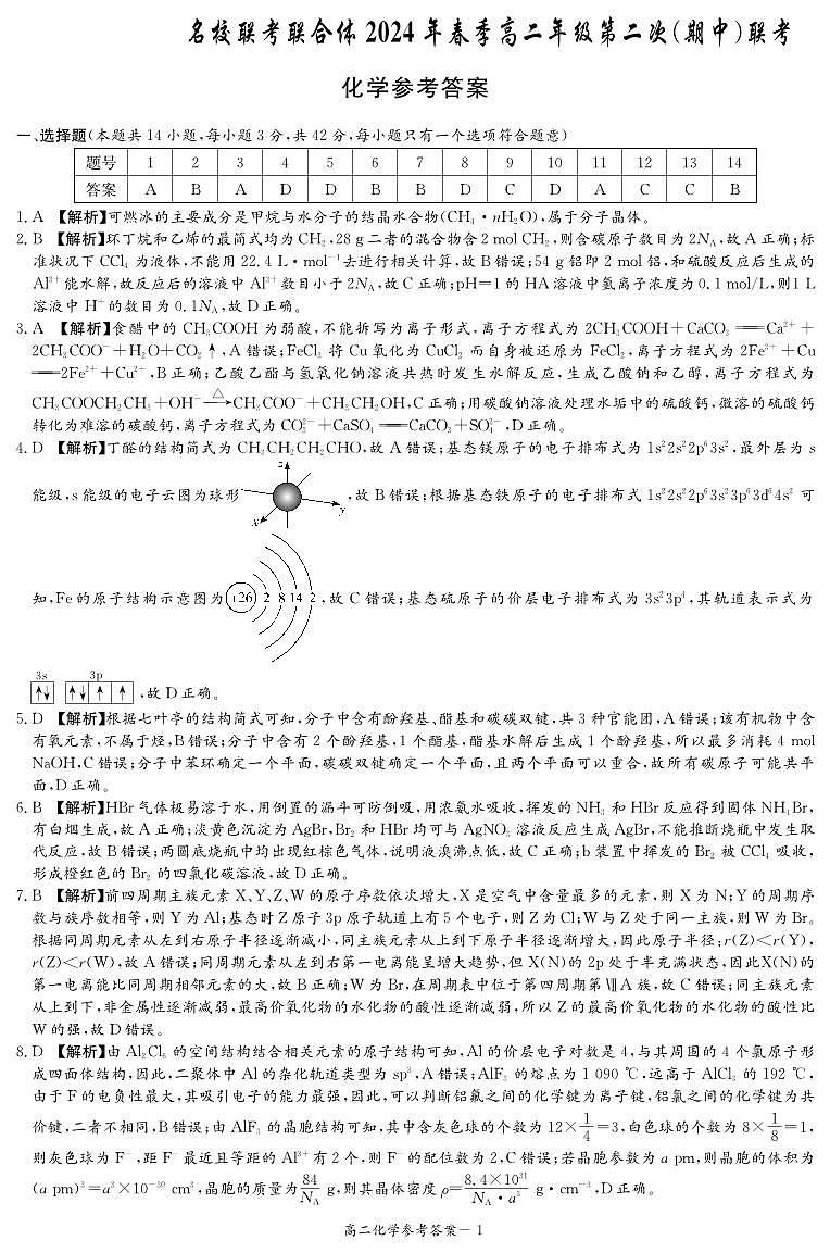 2024湖南省名校联考联合体高二下学期期中考试化学试题扫描版含解析01