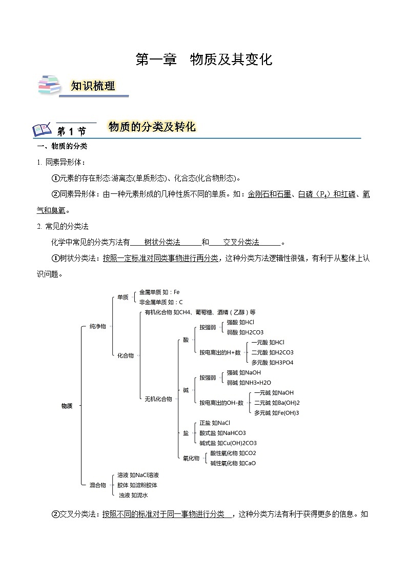 【知识梳理】第一章 物质及其变化-高一化学同步备课（人教版2019必修第一册）（原卷版+解析版）01