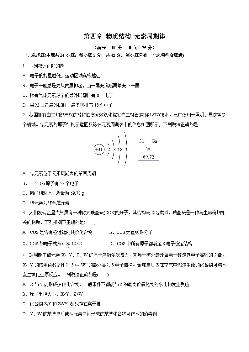 【单元测试】第四章 物质结构 元素周期律-高一化学同步备课（人教版2019必修第一册）（原卷版+解析版）01