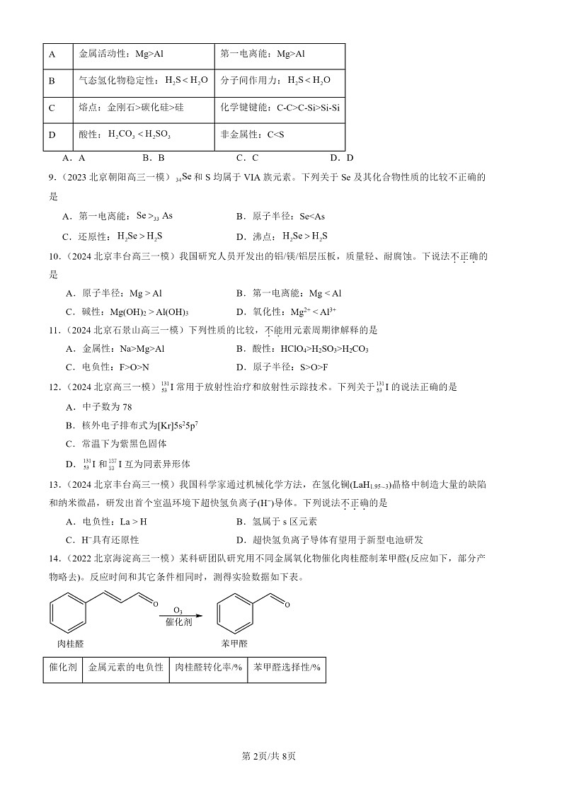 2022-2024北京高三一模化学试题分类汇编：原子结构与元素的性质  有答案第2页