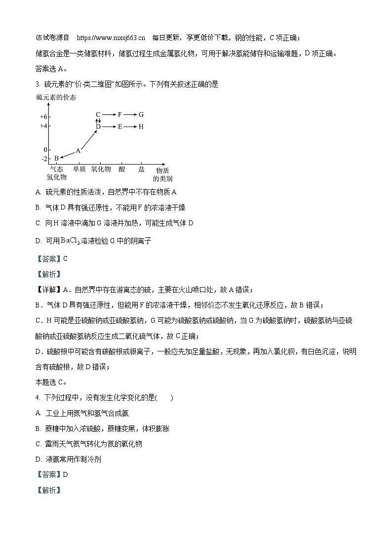 安徽省合肥市六校联盟2023-2024学年高一下学期4月期中考试化学试题02