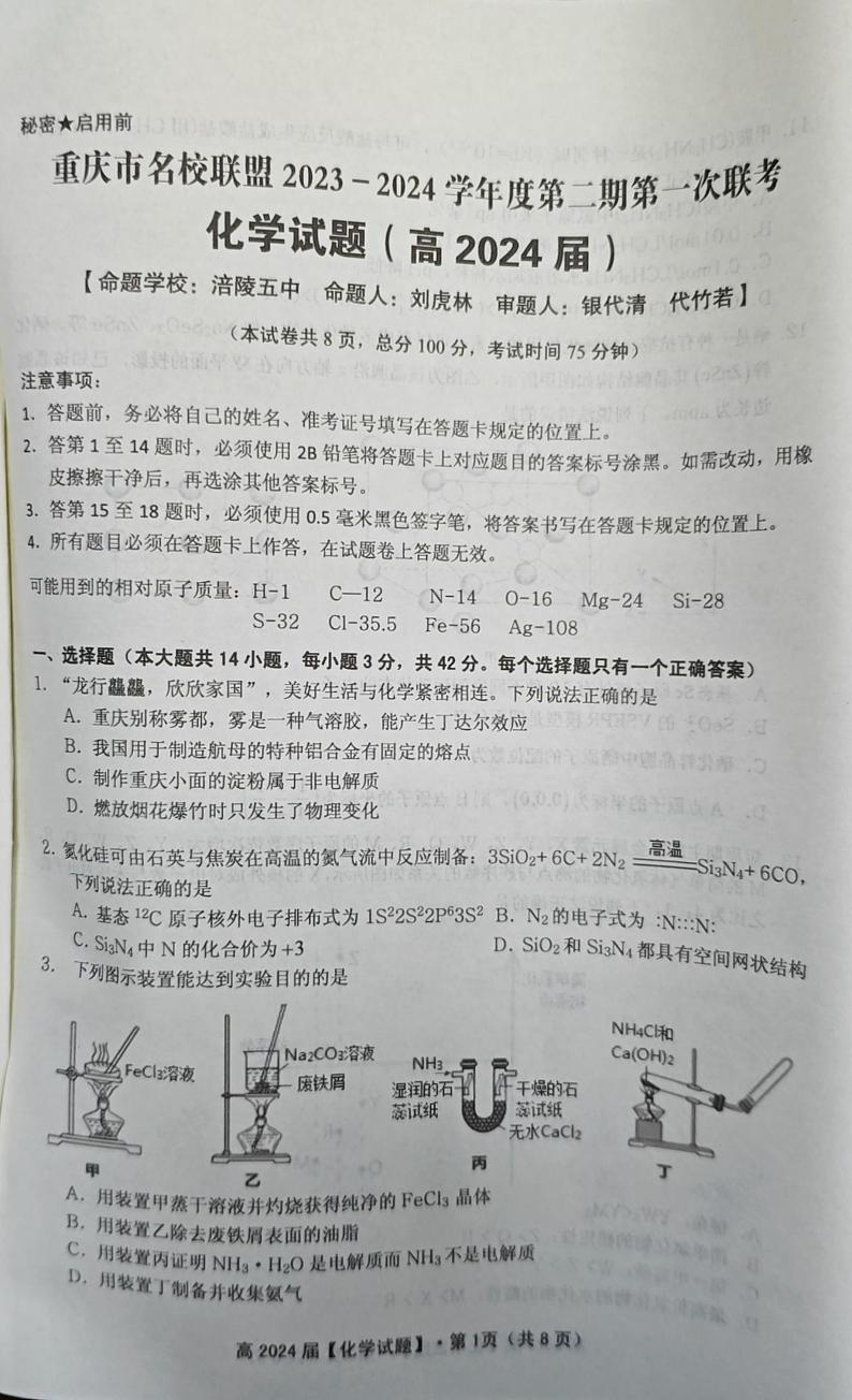 重庆市名校联盟2023-2024学年高三下学期第一次联考化学试题01
