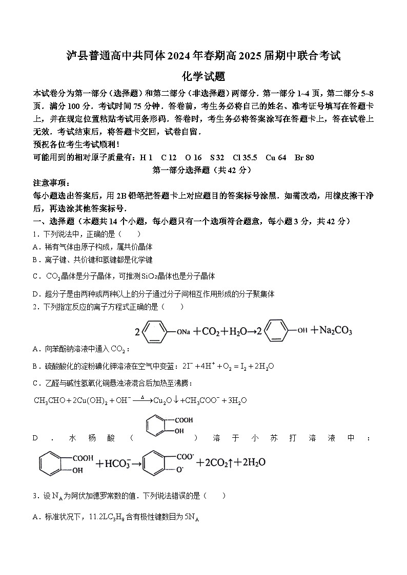 四川省泸州市泸县2023-2024学年高二下学期4月期中考试化学试题(无答案)01